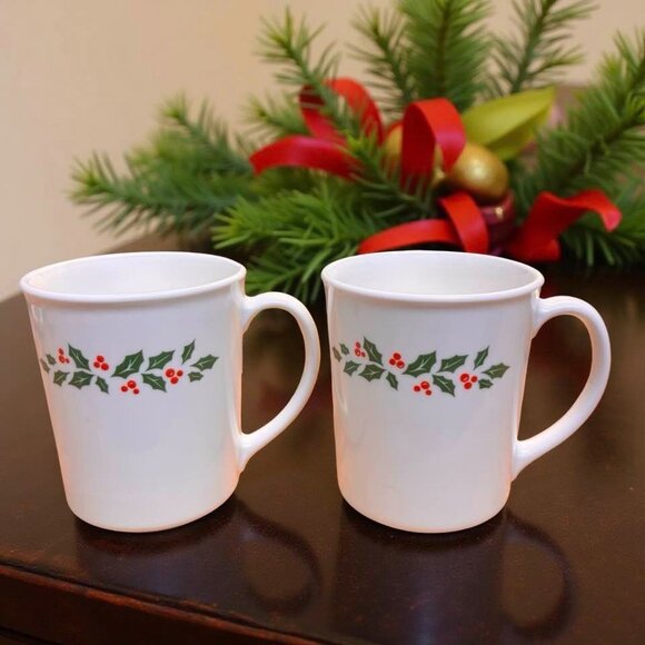 2 Vintage Corning Holly Berry Milk Glass Mugs — Christmas Holly Pattern - Picture 5 of 7